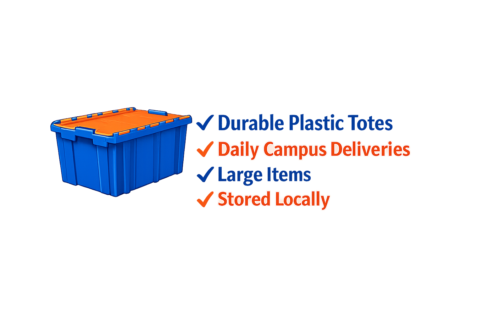 Durable Plastic Totes, Daily Campus Deliveries, Large Items, Stored Locally in Maryland